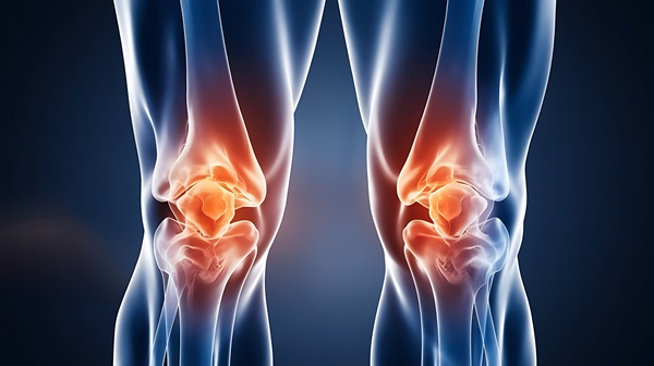 Digital rendering of two knees showing highlighted areas in red to indicate joint pain or inflammation.