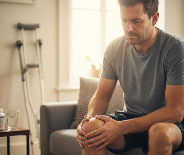 A man sitting on a couch, clutching his knee in pain, with crutches and a bottle of pain medication visible in the background.