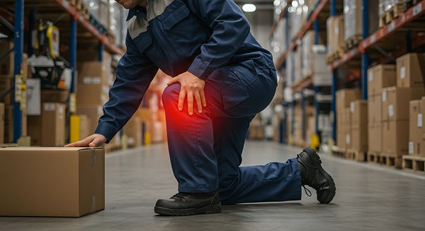A worker in blue overalls kneels on a warehouse floor, clutching their knee, which is highlighted with a red glow to indicate pain.