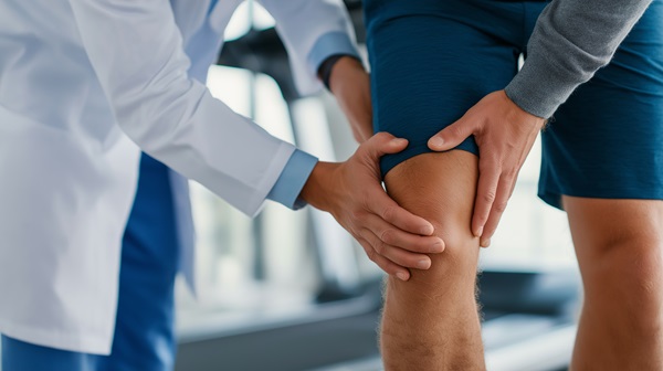 A medical professional in a white coat performing a physical examination on a patient's knee, symbolizing the assessment of orthopedic injuries in a clinical setting after a car accident in New York City.