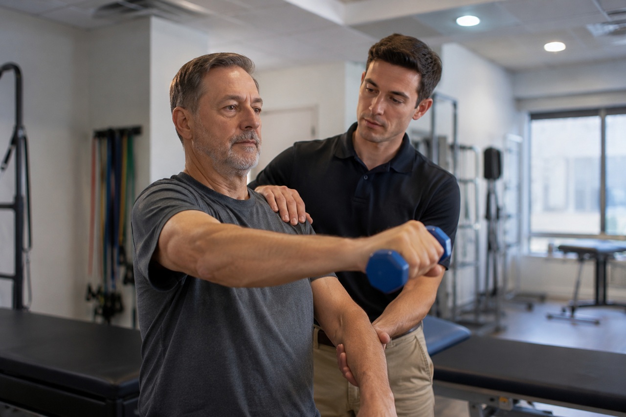A physical therapist assists an older man with shoulder rehabilitation using a small dumbbell in a clinical setting to help regain mobility and strength after an orthopedic injury.